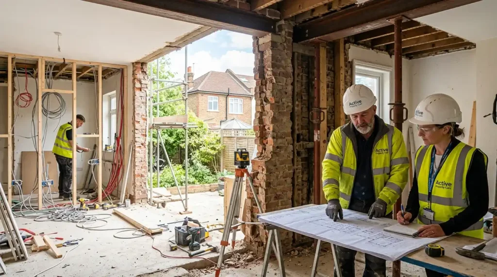Active Property Care home renovation service showing structural work in progress with load bearing wall removal temporary propping and electrical rewiring