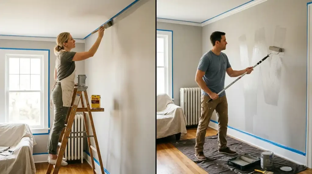 Correct room painting order and technique showing cutting in with angled sash brush and W pattern rolling technique for streak free walls