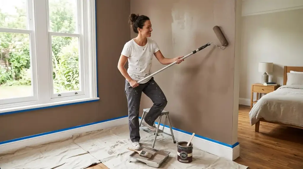 How to paint a room showing homeowner using paint roller and extension pole on mushroom tone neutral wall with drop cloths and painters tape
