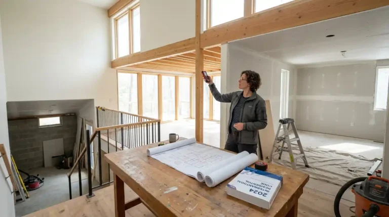 Architect measuring residential ceiling height to ensure compliance with building code requirements