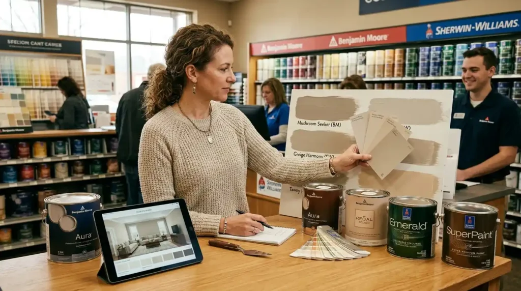 Paint selection guide showing homeowner comparing mushroom greige and earthy neutral paint swatches with premium paint cans and digital room visualizer