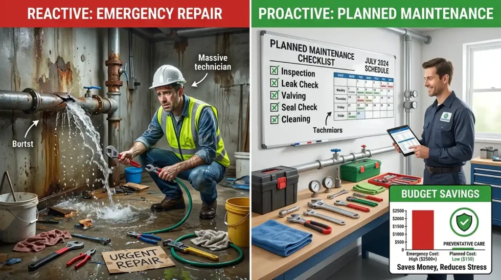 Comparison between emergency property repair and preventive maintenance showing cost savings and planning benefits