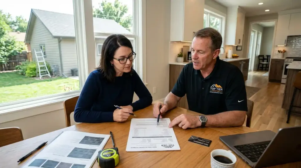 Homeowner discussing roofing estimate and warranty details with a roofing contractor