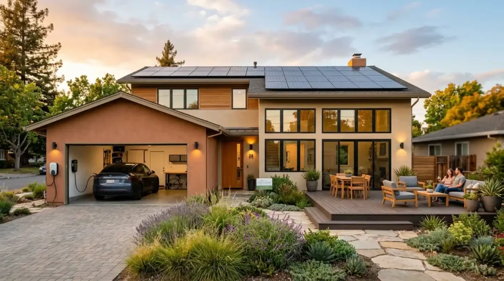 
Sustainable home renovation service by Active Property Care showing solar panels EV charger energy efficient windows composite deck and curb appeal landscaping