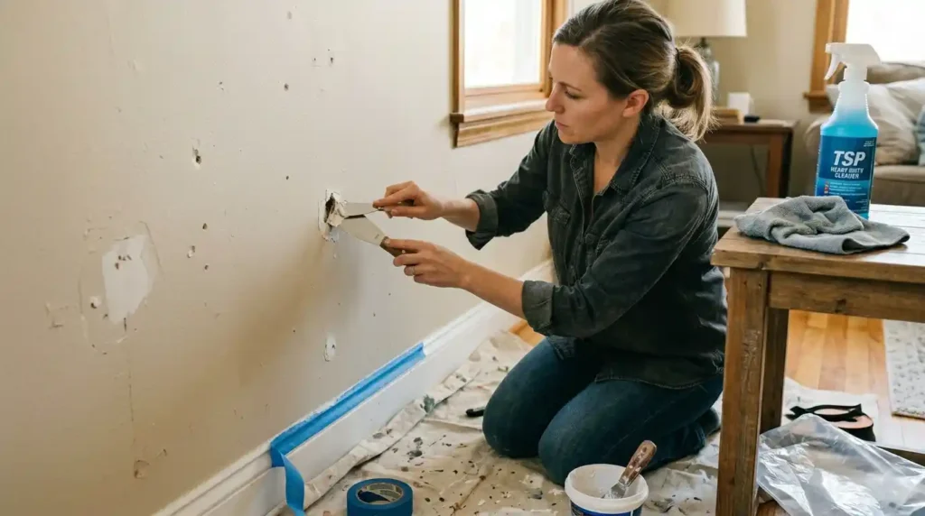 Wall preparation for painting showing hole filling with spackling compound sanding and TSP cleaning before painting a room